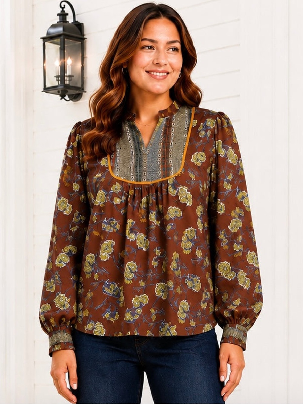 Umgee Camille Floral Blouse in Sepia